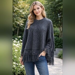 Novica Alpaca Blend Embroidered Floral Cape Fringe Size M Charcoal Made in Peru